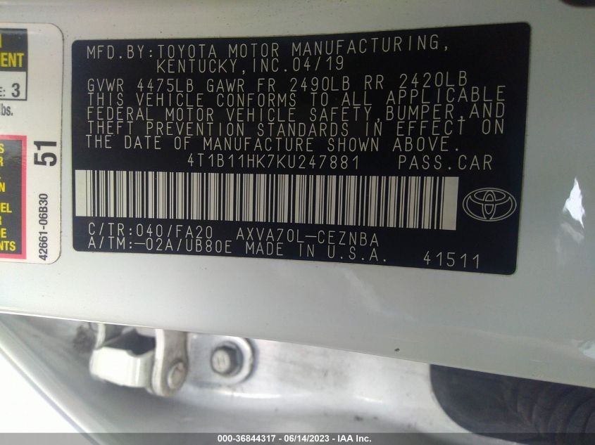 2019 TOYOTA CAMRY LE/SE/XLE/L - 4T1B11HK7KU247881