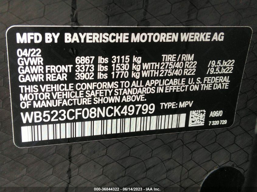 2022 BMW IX XDRIVE50 WB523CF08NCK49799