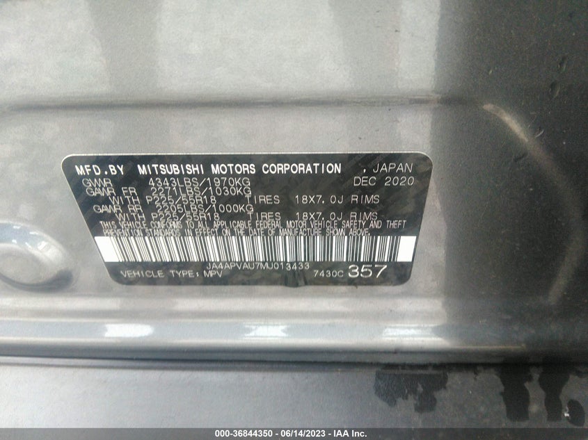 VIN JA4APVAU7MU013433 2021 MITSUBISHI OUTLANDER SPORT SE