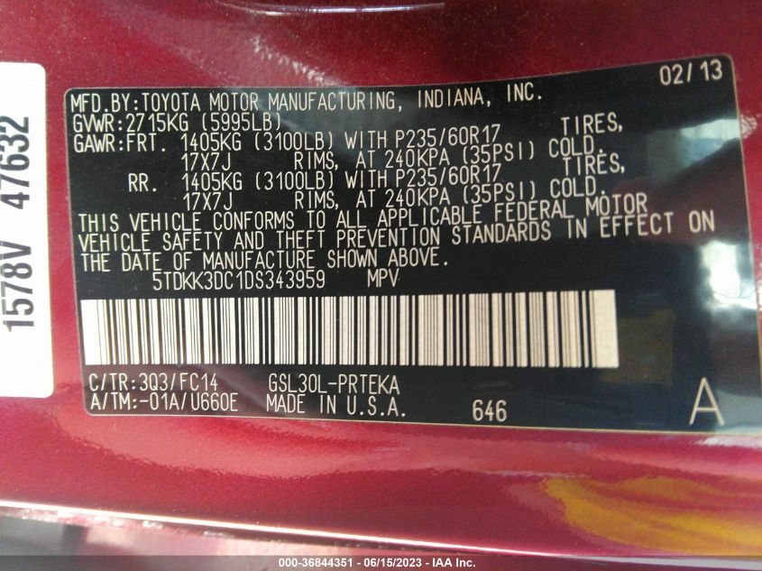 2013 TOYOTA SIENNA LE - 5TDKK3DC1DS343959