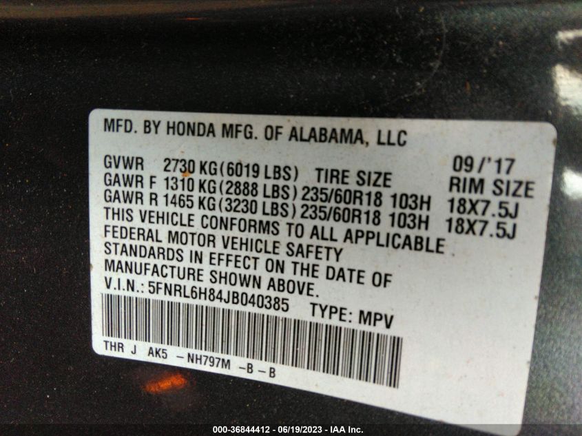 2018 HONDA ODYSSEY TOURING - 5FNRL6H84JB040385