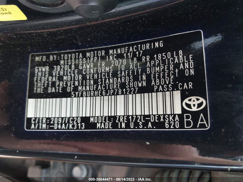 2018 TOYOTA COROLLA L/LE/XLE/SE/XSE - 5YFBURHE6JP781227