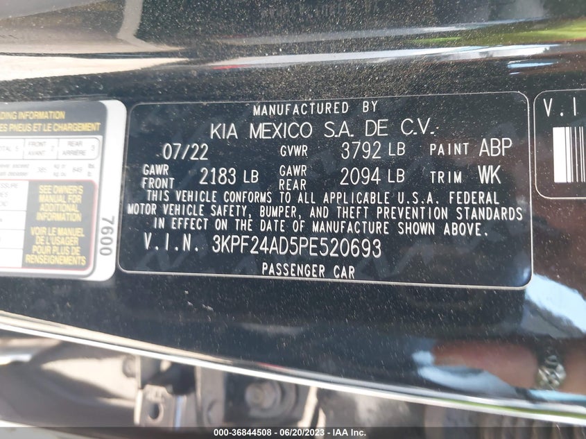 VIN 3KPF24AD5PE520693 2023 KIA FORTE LX