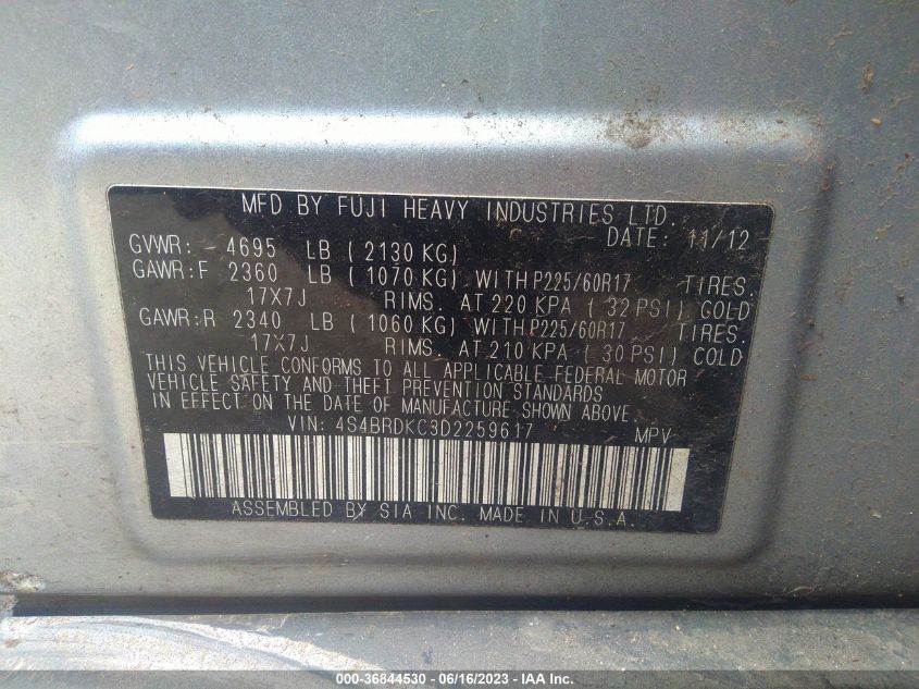 2013 SUBARU OUTBACK 3.6R LIMITED - 4S4BRDKC3D2259617