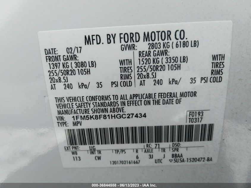 2017 FORD EXPLORER LIMITED - 1FM5K8F81HGC27434
