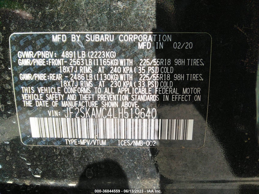 VIN JF2SKAMC4LH519640 2020 SUBARU FORESTER SPORT