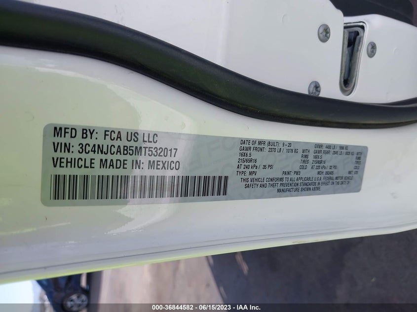 VIN 3C4NJCAB5MT532017 2021 JEEP COMPASS SPORT