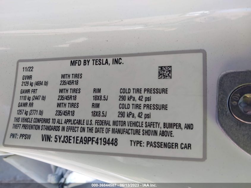 2023 TESLA MODEL 3 - 5YJ3E1EA9PF419448