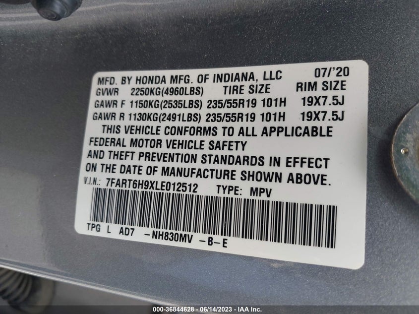 VIN 7FART6H9XLE012512 2020 HONDA CR-V HYBRID TOURING