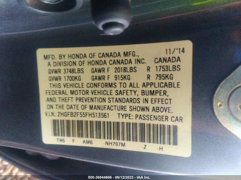 2015 HONDA CIVIC SEDAN LX - 2HGFB2F55FH513561