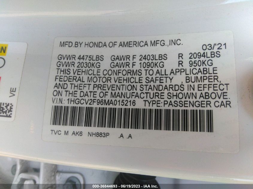 2021 HONDA ACCORD SEDAN TOURING - 1HGCV2F96MA015216