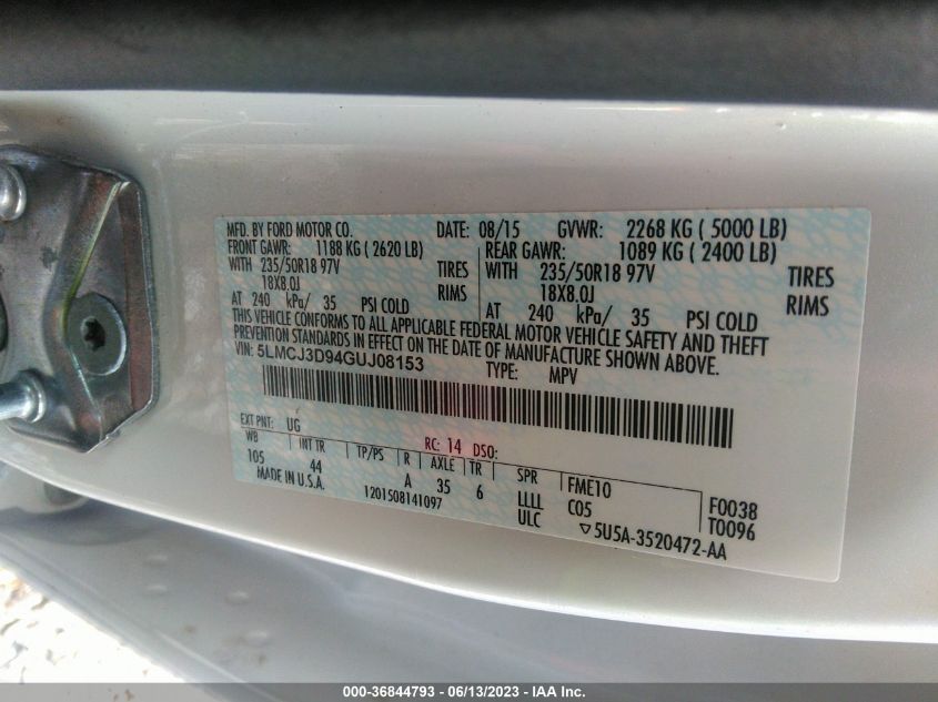 2016 LINCOLN MKC RESERVE - 5LMCJ3D94GUJ08153