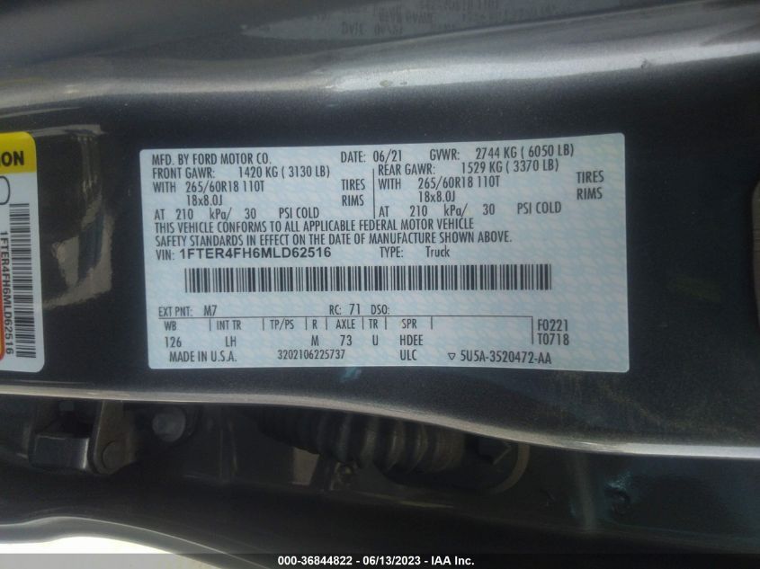 2021 FORD RANGER XL/XLT/LARIAT - 1FTER4FH6MLD62516