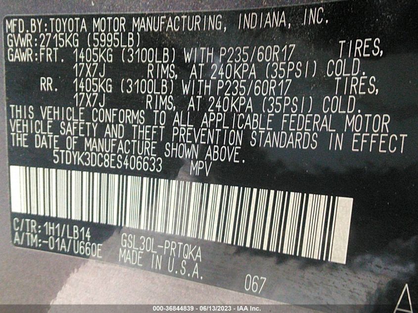 2014 TOYOTA SIENNA XLE/XLE AAS/LTD - 5TDYK3DC8ES406633