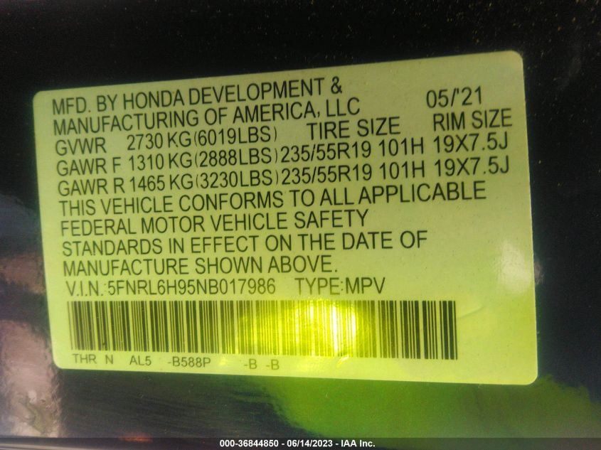 2022 HONDA ODYSSEY ELITE - 5FNRL6H95NB017986