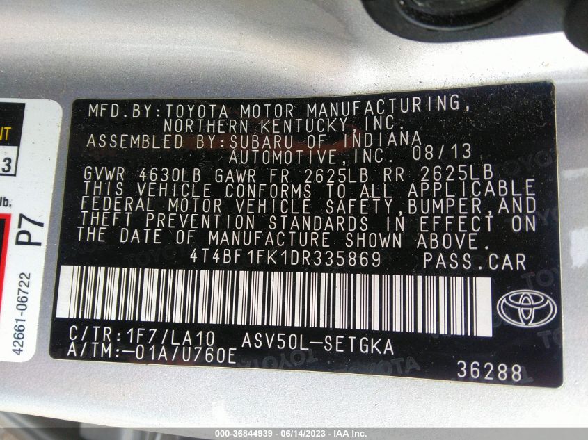 2013 TOYOTA CAMRY L/LE/SE/XLE - 4T4BF1FK1DR335869