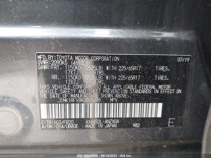 VIN JTMK1RFV8KJ015498 2019 TOYOTA RAV4 LE