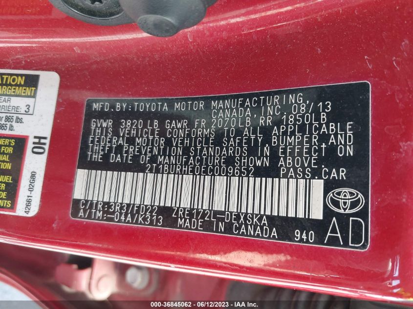 2014 TOYOTA COROLLA L/LE/S/S PLUS/LE PLUS - 2T1BURHE0EC009652