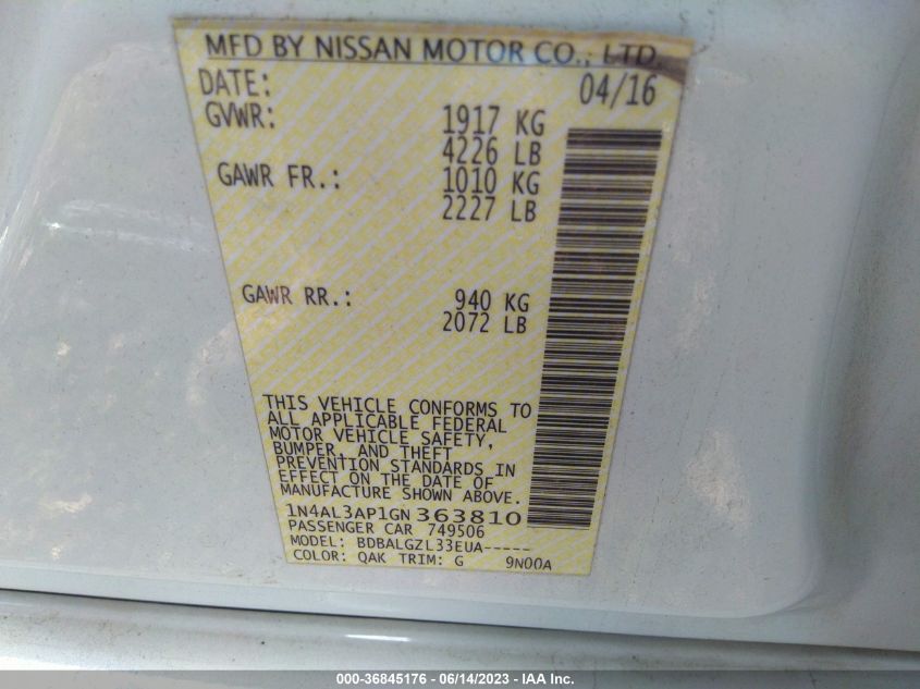 2016 NISSAN ALTIMA 2.5 - 1N4AL3AP1GN363810