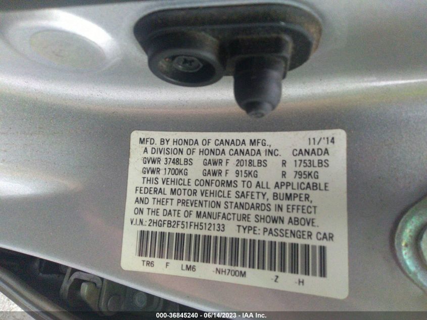 2015 HONDA CIVIC SEDAN LX - 2HGFB2F51FH512133