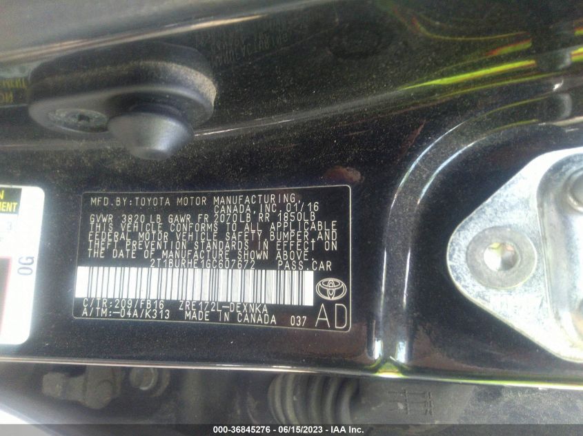 2016 TOYOTA COROLLA L/LE/S/S PLUS/LE PLUS - 2T1BURHE1GC607672