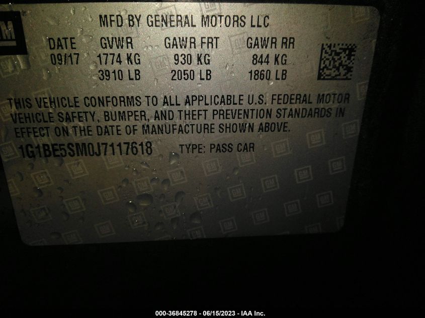 2018 CHEVROLET CRUZE LT - 1G1BE5SM0J7117618