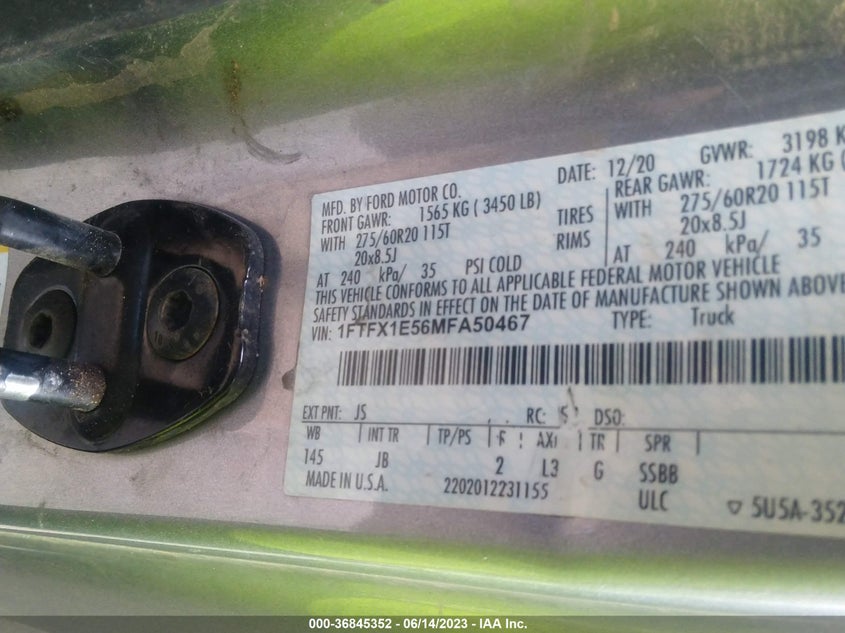 VIN 1FTFX1E56MFA50467 2021 FORD F-150 XL/XLT/LARIAT