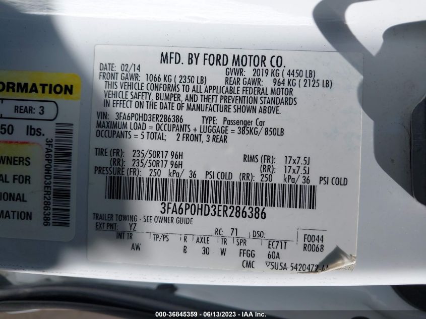 2014 FORD FUSION SE - 3FA6P0HD3ER286386