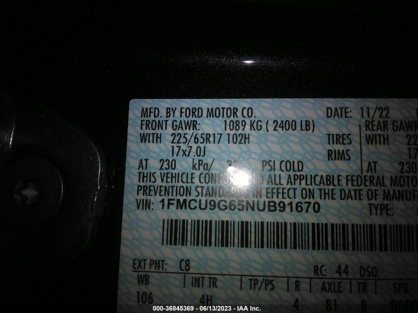 1FMCU9G65NUB91670 2022 FORD ESCAPE, photo no. 9