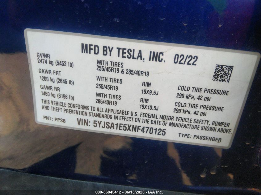 2022 TESLA MODEL S - 5YJSA1E5XNF470125