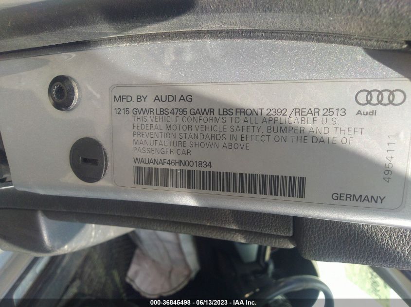 2017 AUDI A4 PREMIUM - WAUANAF46HN001834