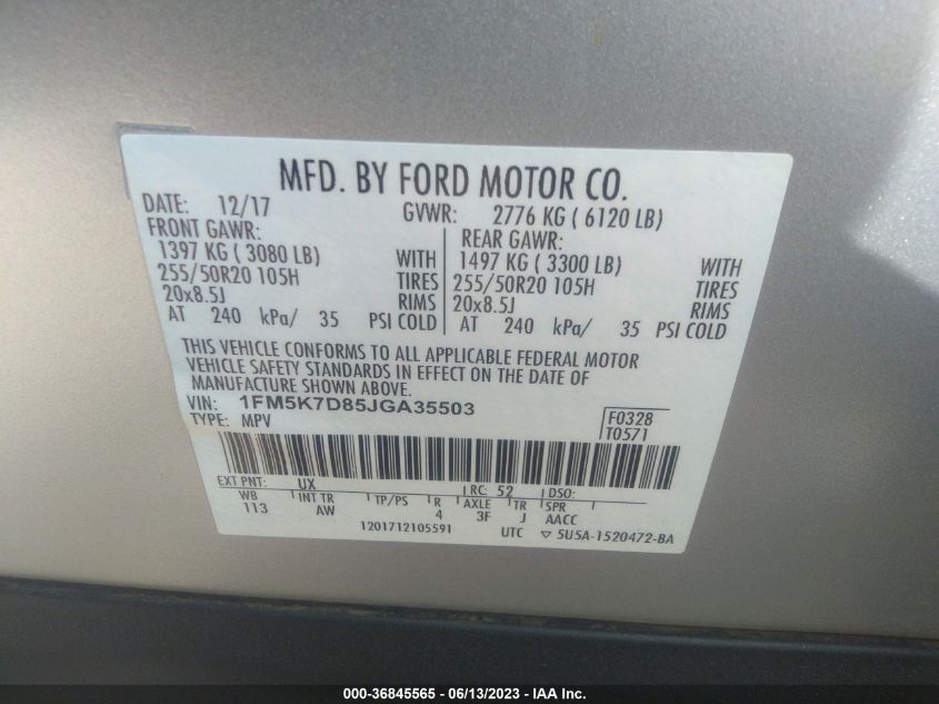 2018 FORD EXPLORER XLT - 1FM5K7D85JGA35503