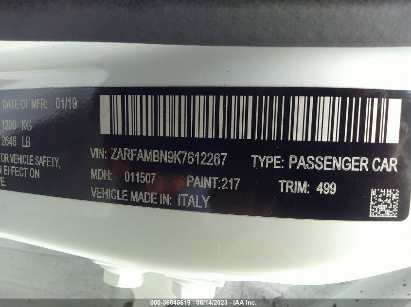 2019 ALFA ROMEO GIULIA TI LUSSO - ZARFAMBN9K7612267