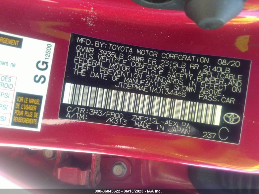2021 TOYOTA COROLLA LE - JTDEPMAE1MJ134468