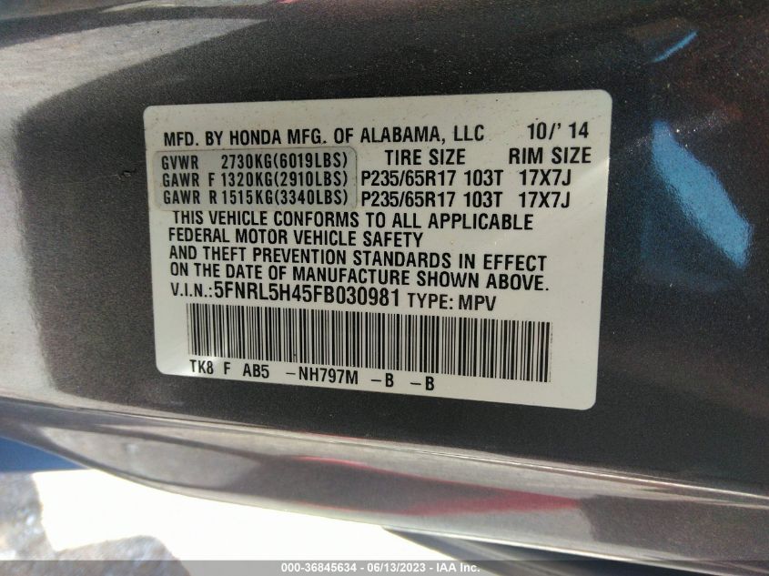 2015 HONDA ODYSSEY EX - 5FNRL5H45FB030981
