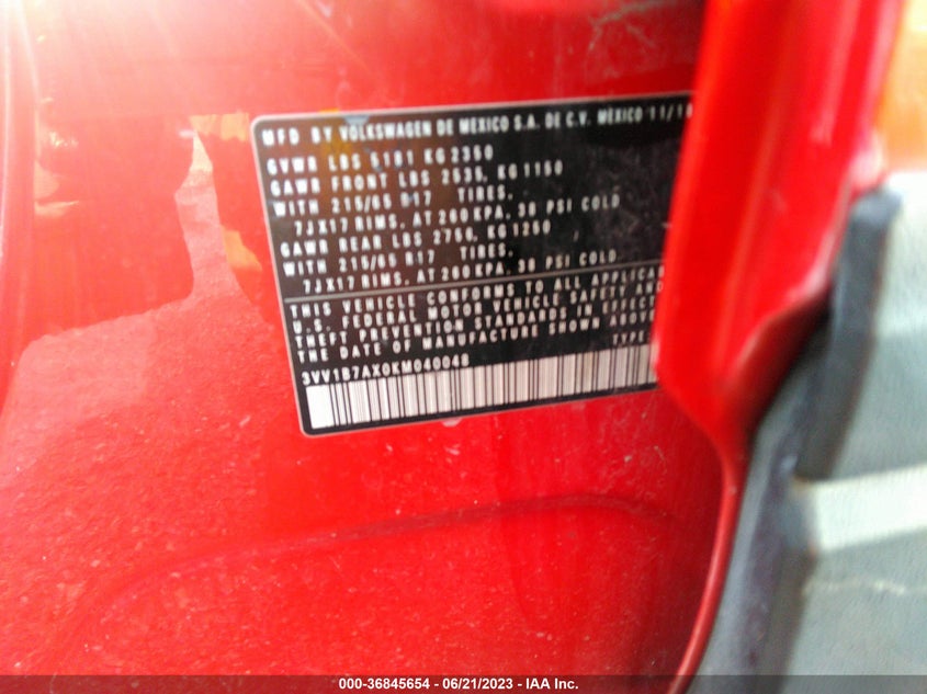 VIN 3VV1B7AX0KM040048 2019 VOLKSWAGEN TIGUAN S