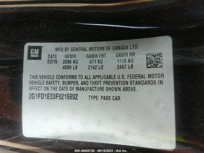 2015 CHEVROLET CAMARO LT - 2G1FD1E33F9216892