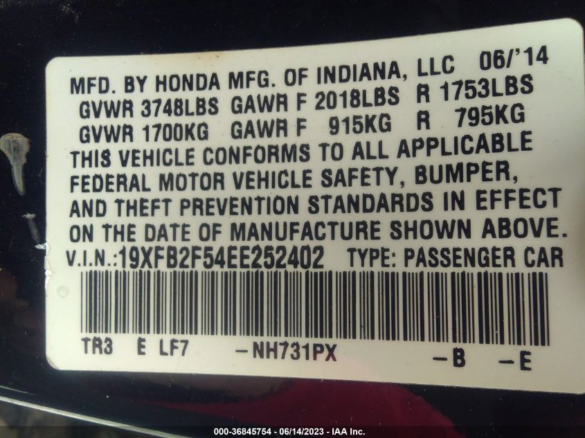 2014 HONDA CIVIC SEDAN LX - 19XFB2F54EE252402