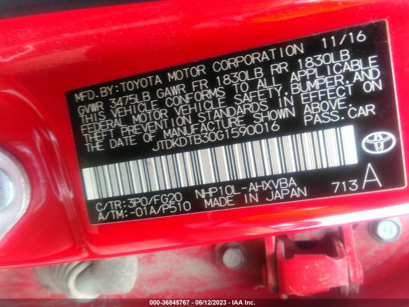 2016 TOYOTA PRIUS C ONE/TWO/THREE/FOUR - JTDKDTB30G1590016