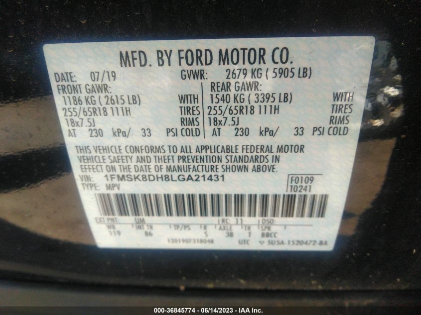 2020 FORD EXPLORER XLT - 1FMSK8DH8LGA21431