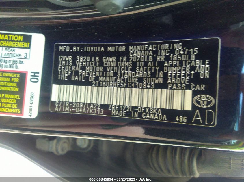 2015 TOYOTA COROLLA L/LE/S/S PLUS/LE PLUS - 2T1BURHE5FC410843