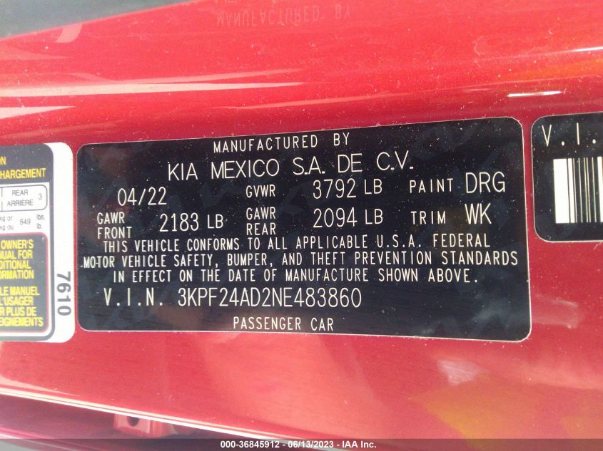 2022 KIA FORTE LXS - 3KPF24AD2NE483860