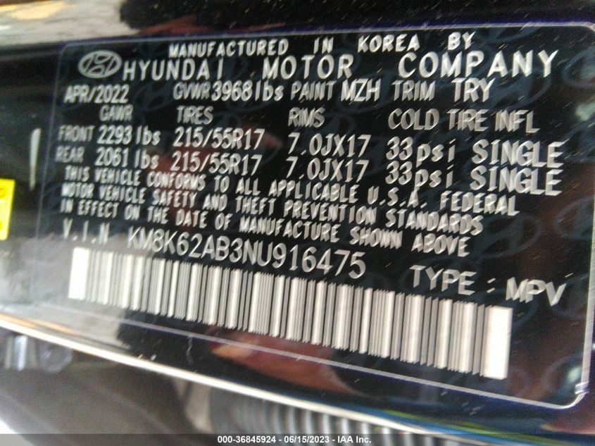 2022 HYUNDAI KONA SEL - KM8K62AB3NU916475