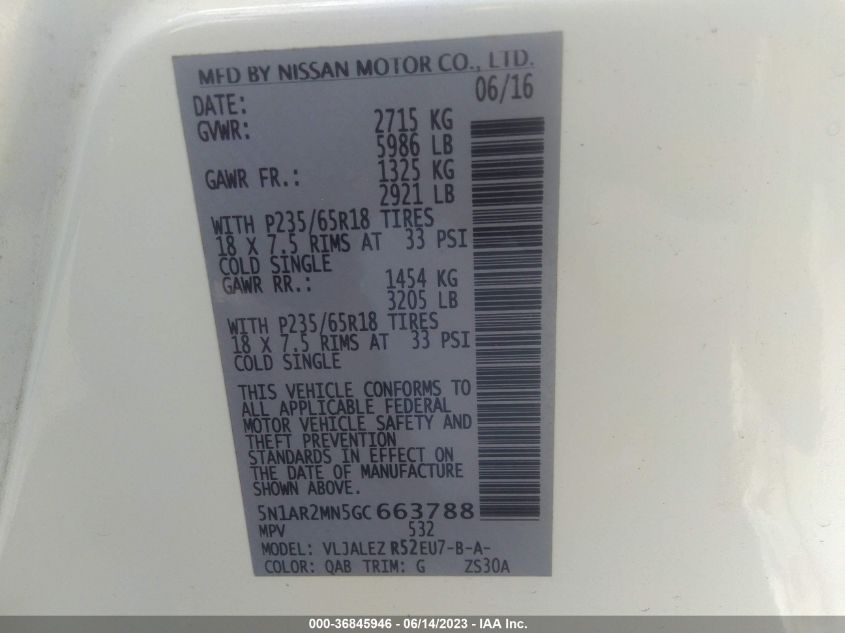 2016 NISSAN PATHFINDER SV - 5N1AR2MN5GC663788