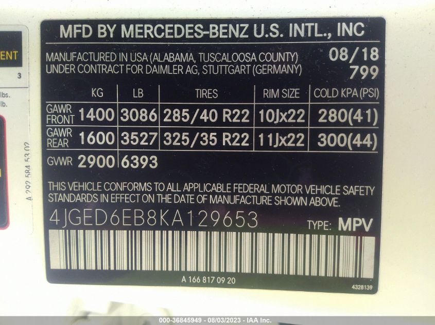2019 MERCEDES-BENZ GLE AMG GLE 43 - 4JGED6EB8KA129653