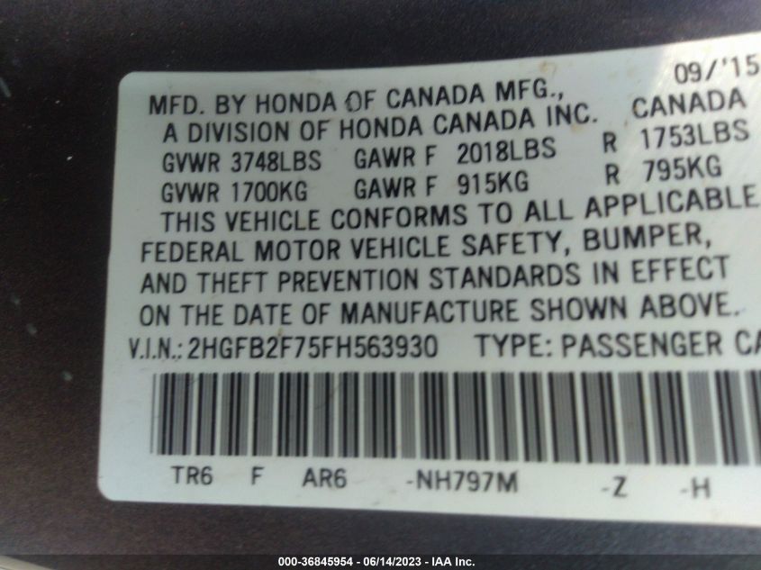 2015 HONDA CIVIC SEDAN SE - 2HGFB2F75FH563930