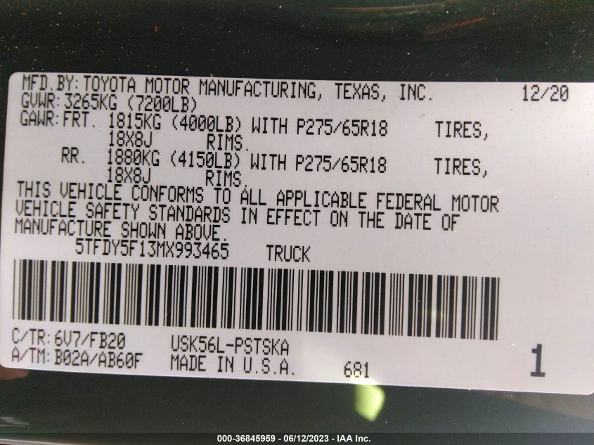 2021 TOYOTA TUNDRA 4WD SR5/TRD PRO - 5TFDY5F13MX993465