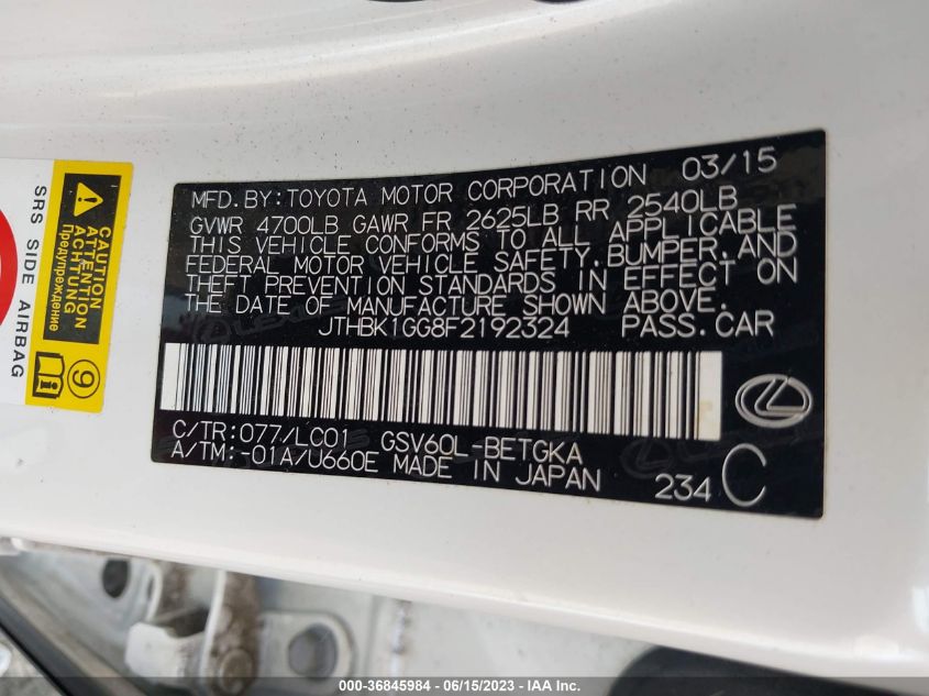 2015 LEXUS ES 350 - JTHBK1GG8F2192324