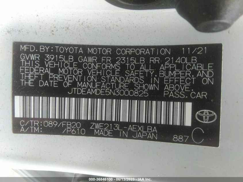 2022 TOYOTA COROLLA HYBRID LE - JTDEAMDE5N3000825