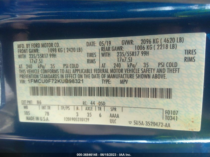 2019 FORD ESCAPE S - 1FMCU0F72KUB98321